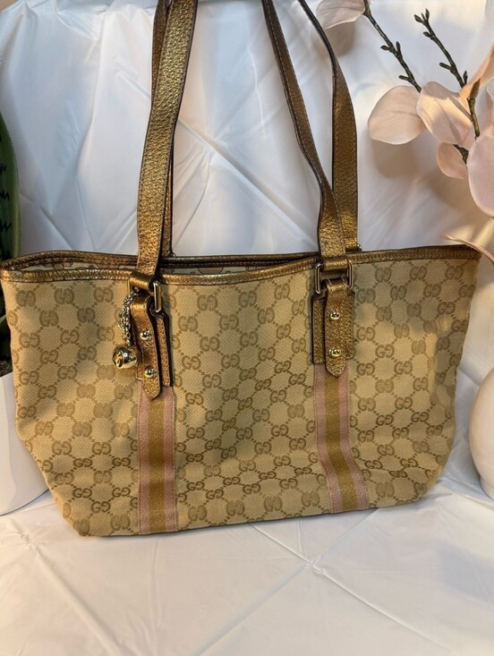 Gucci Handbags - GUCCI  Vintage Monogram Charm Small Tote Pink and Tan with Metalic Gold Straps